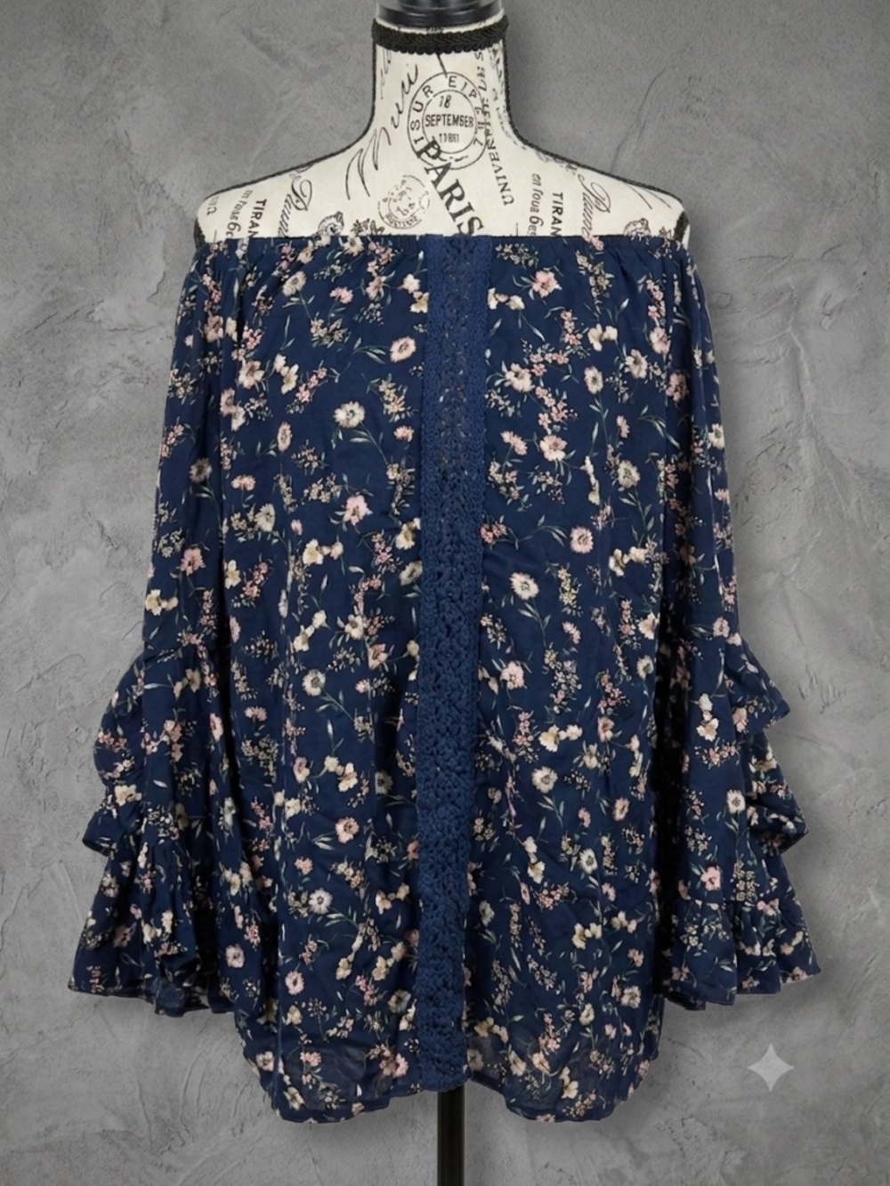 Suzanne Betro Floral Off The Shoulder Blouse Navy Blue Tiered Bell Sleeve L